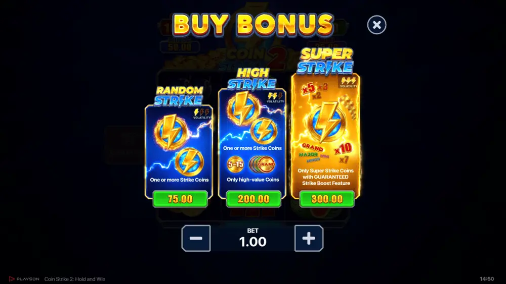 Bonus Buy Menü mit 3 präsentierten Optionen: Random Strike, High Strike, Super Strike